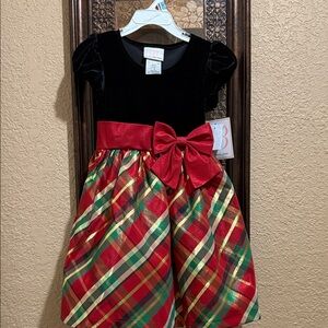 NWT Bonnie Jean Formal Black Velvet Top Christmas Plaid Dress. Size 5. Glittery